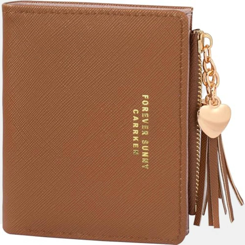 KOTORA Womens Small Wallet Girls Tiny Slim Wallets Pretty Mini Card Holder Thin Short Zip Coin Purse with Love Pendant and Tassels (Brown) - Image 1